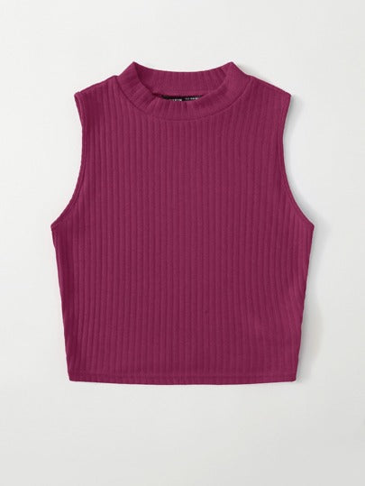 EZwear لباس علوي تانك محبوك مضلع قصير بلون موحد