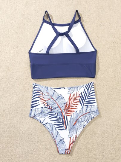 طقم تانكيني حريمي Swim طقم تانكيني سباحة بطباعة استوائية رسن 4طريقة مرون خلف لباس علوي & خصر عالي لباس قيعان 2قطع بدلة سباحة