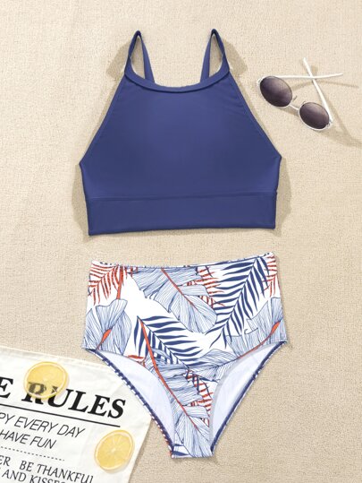 طقم تانكيني حريمي Swim طقم تانكيني سباحة بطباعة استوائية رسن 4طريقة مرون خلف لباس علوي & خصر عالي لباس قيعان 2قطع بدلة سباحة