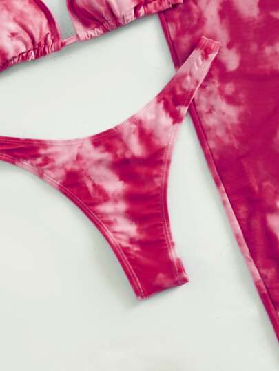 SHEIN Swim صبغ متعادل طقم بيكيني مثلث حمالة صدر & سروال داخلي ثونغ لباس قيعان وغطاء فستان 3قطعات بدلة سباحة