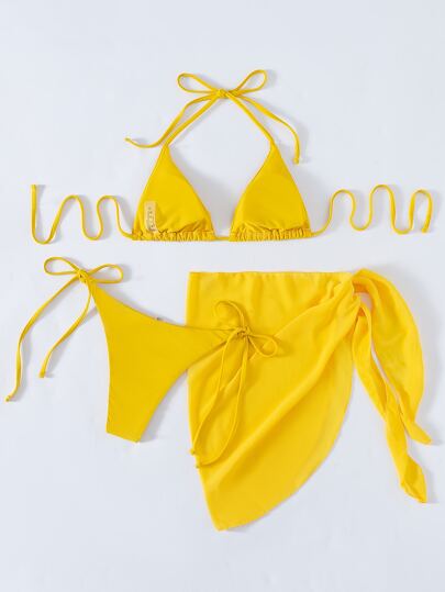 Swim موحدة اللون طقم بيكيني مثلث حمالة صدر & سروال داخلي ثونغ لباس قيعان وتنورة الشاطئ 3قطعات بدلة سباحة
