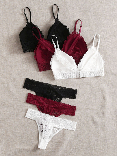 Shein Underwear&Sleepwear Basics مجموعة ثلاث طقمات من الثياب الداخلية الحريرية بنمط الدانتيل الزهري، حمّالة الصدر وسروال داخلي