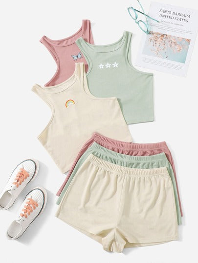 SHEIN 3 طقم ملابس علوية خزانة وشورت طباعة جرافيك