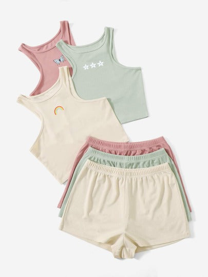 SHEIN 3 طقم ملابس علوية خزانة وشورت طباعة جرافيك