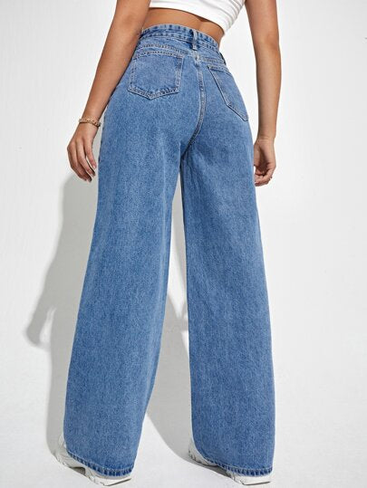 SHEIN EZwear بنطلون جينز بساق عريض وبخصر عالي