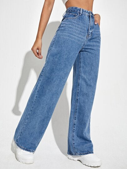 SHEIN EZwear بنطلون جينز بساق عريض وبخصر عالي