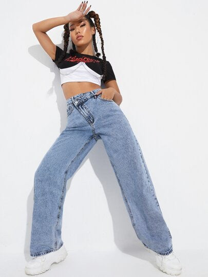 SHEIN ICON بنطلون جينز صعدت خصر ساق عريضة