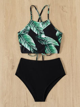 طقم تانكيني حريمي Swim Lushoire استوائي تانكيني سباحة طقم رباط خلف لباس علوي & خصر عالي لباس قيعان 2قطع بدلة سباحة