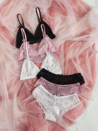Shein Underwear&Sleepwear Basics 3مجموعات ملابس داخلية كاملة مثيرة مكونة من حمالة صدر وسروال مزينة بشريط أزهار وفيونكات