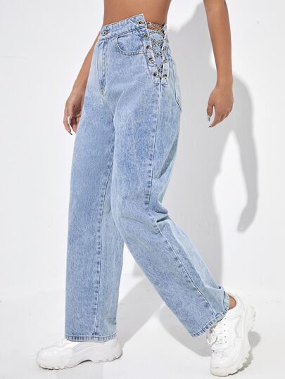 SHEIN EZwear بنطلون جينز بخصر عالي ورباط سلسلة