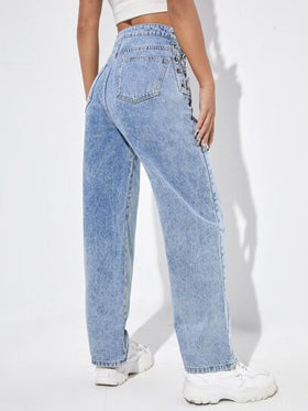 SHEIN EZwear بنطلون جينز بخصر عالي ورباط سلسلة