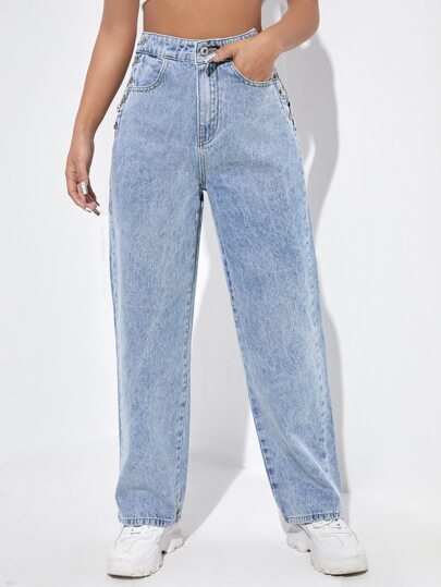 SHEIN EZwear بنطلون جينز بخصر عالي ورباط سلسلة