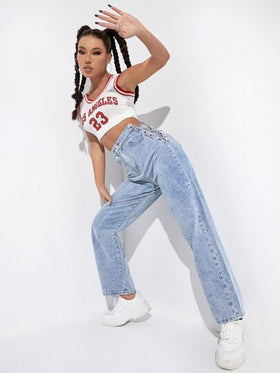 SHEIN EZwear بنطلون جينز بخصر عالي ورباط سلسلة