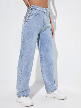 SHEIN EZwear بنطلون جينز بخصر عالي ورباط سلسلة