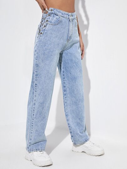 SHEIN EZwear بنطلون جينز بخصر عالي ورباط سلسلة