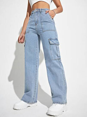 SHEIN EZwear بنطلون جينز كارجو بجيب رفرف عالي الخصر