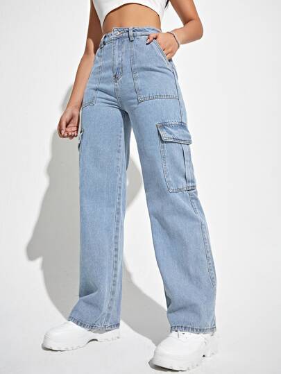 SHEIN EZwear بنطلون جينز كارجو بجيب رفرف عالي الخصر
