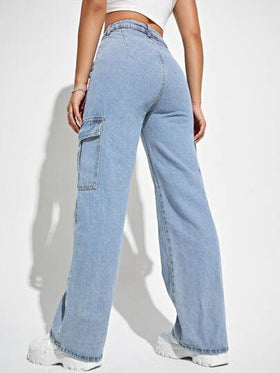 SHEIN EZwear بنطلون جينز كارجو بجيب رفرف عالي الخصر