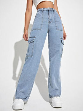 SHEIN EZwear بنطلون جينز كارجو بجيب رفرف عالي الخصر