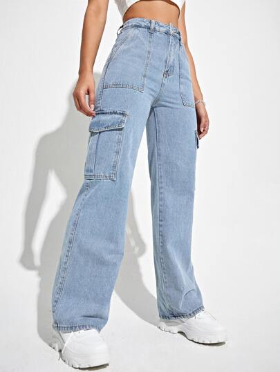 SHEIN EZwear بنطلون جينز كارجو بجيب رفرف عالي الخصر