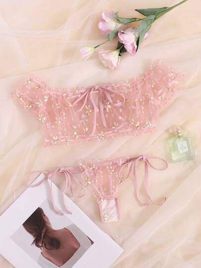 Pure Desire طقم ملابس داخلية شبكي شفاف بطباعة زهر