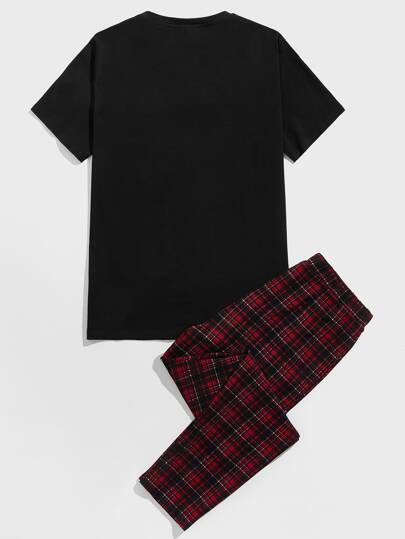 SHEIN طقم بيجامة تيشيرت بياقة دائرية وبنطلون ترتان رجالي