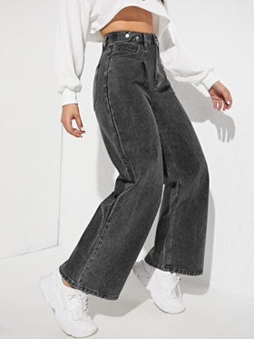 SHEIN EZwear بنطلون جينز بسستة طائر وساق عريضة