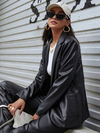 EZwear بليزر جلد صناعي بصف ازرار