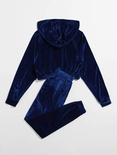 SHEIN EZwear طقم سروال رياضي مع هودي مخملي بسستة وبحلقة دائري
