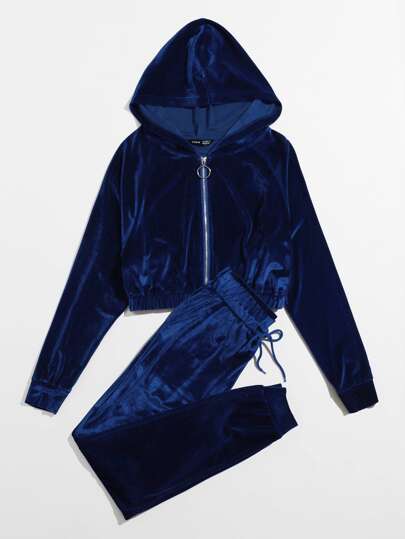 SHEIN EZwear طقم سروال رياضي مع هودي مخملي بسستة وبحلقة دائري