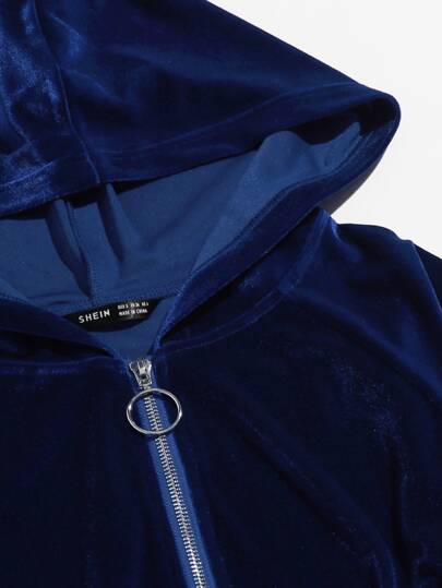 SHEIN EZwear طقم سروال رياضي مع هودي مخملي بسستة وبحلقة دائري