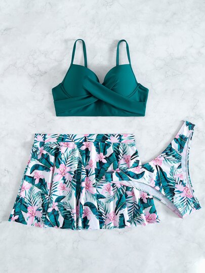 SHEIN Swim بيكيني مطبوع بألوان استوائية مع تنورة شاطئ، مجموعة 3 قطع لمظهر مثير على الشاطئ