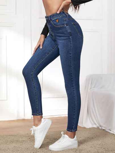 SHEIN Essnce بنطلون جينز نحيل بتفاصيل مرقع وبخصر عالي