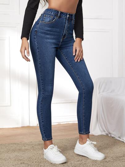 SHEIN Essnce بنطلون جينز نحيل بتفاصيل مرقع وبخصر عالي
