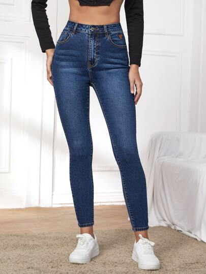 SHEIN Essnce بنطلون جينز نحيل بتفاصيل مرقع وبخصر عالي