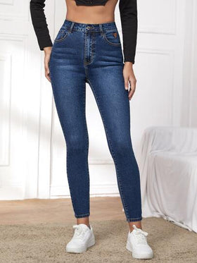 SHEIN Essnce بنطلون جينز نحيل بتفاصيل مرقع وبخصر عالي