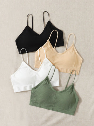 Shein Underwear&Sleepwear Basics طقم حمالة صدر مضلعة سادة - 4 قطع