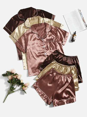 SHEIN 3 طقم بلوزة ساتان مع شورت بتصميم متباين، بيجاما