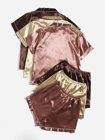 SHEIN 3 طقم بلوزة ساتان مع شورت بتصميم متباين، بيجاما
