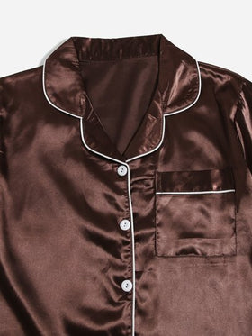 SHEIN 3 طقم بلوزة ساتان مع شورت بتصميم متباين، بيجاما