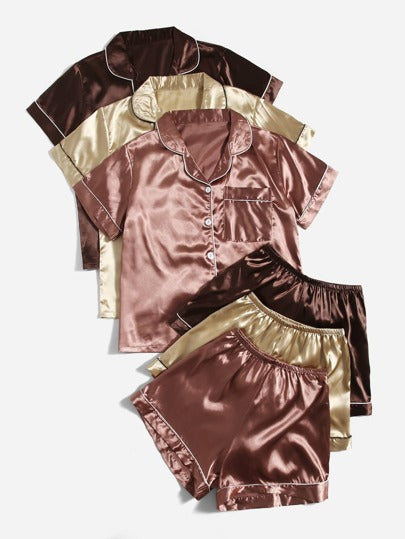 SHEIN 3 طقم بلوزة ساتان مع شورت بتصميم متباين، بيجاما