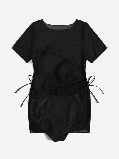 Swim Basics مقاس كبير موحدة اللون طقم بيكيني رسن مثلث حمالة صدر & خصر عالي لباس قيعان وغطاء فستان 3قطعات بدلة سباحة