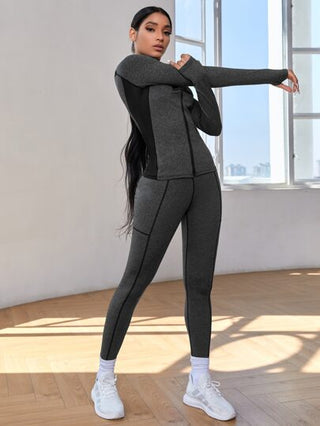 SHEIN Sport Studio 2 قطعة ملابس رياضية للياقة البدنية مجموعة ألوان متناسقة, مجموعة يوجا مع فتحات لإبهام اليد، جاكيت بسحاب، خطوط متباينة، بنطلون رياضي تحكم في البطن، مجموعة للنساء للتمارين الرياضية