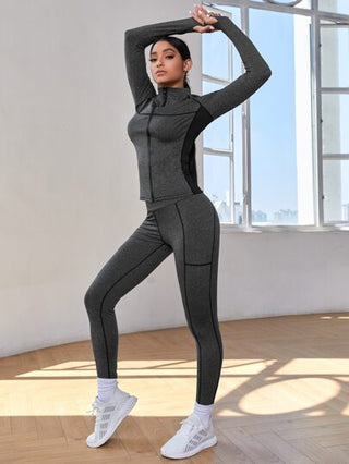 SHEIN Sport Studio 2 قطعة ملابس رياضية للياقة البدنية مجموعة ألوان متناسقة, مجموعة يوجا مع فتحات لإبهام اليد، جاكيت بسحاب، خطوط متباينة، بنطلون رياضي تحكم في البطن، مجموعة للنساء للتمارين الرياضية
