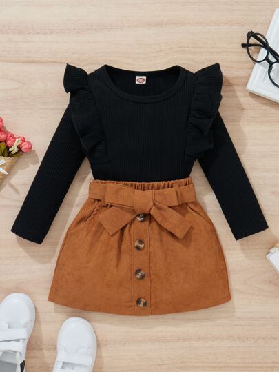 SHEIN Elladie kids ملابس علوية بأكمام طويلة وحافة مطوية من الضلعات مع تنورة بحزام للفتاة الصغيرة