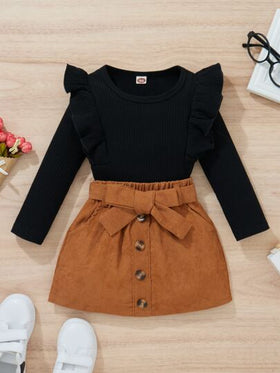 SHEIN Elladie kids ملابس علوية بأكمام طويلة وحافة مطوية من الضلعات مع تنورة بحزام للفتاة الصغيرة