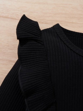 SHEIN Elladie kids ملابس علوية بأكمام طويلة وحافة مطوية من الضلعات مع تنورة بحزام للفتاة الصغيرة