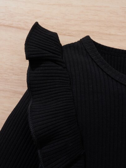 SHEIN Elladie kids ملابس علوية بأكمام طويلة وحافة مطوية من الضلعات مع تنورة بحزام للفتاة الصغيرة