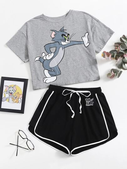 TOM & JERRY X SHEIN لباس نوم قصير بأعلى رسوم كرتونية وشورت بطبعة الدلفين