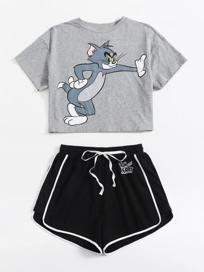 TOM & JERRY X SHEIN لباس نوم قصير بأعلى رسوم كرتونية وشورت بطبعة الدلفين